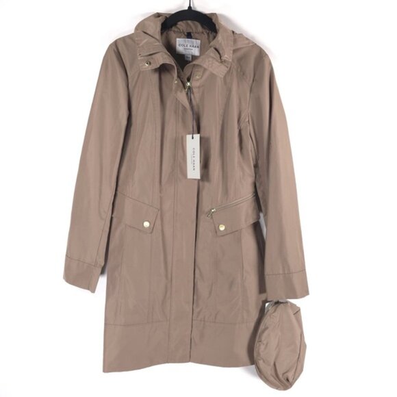 NWT COLE HAAN SIGNATURE Packable Raincoat‎ Jacket Beige Hooded Size XS/TP